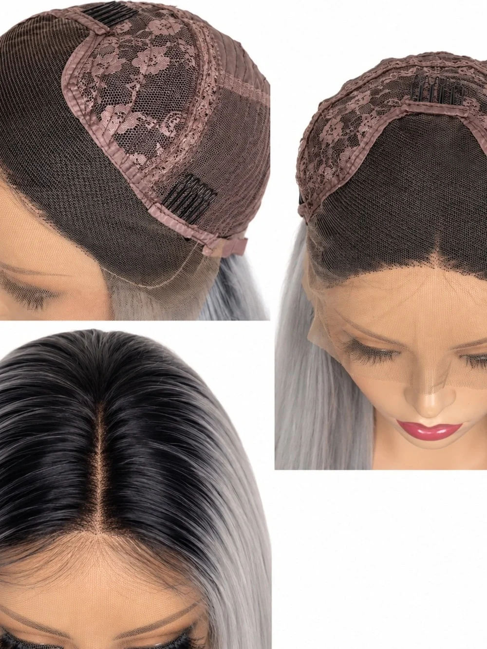 Long Straight Lace Front Wig in Gray to Purple Ombre middle part 26 inches long